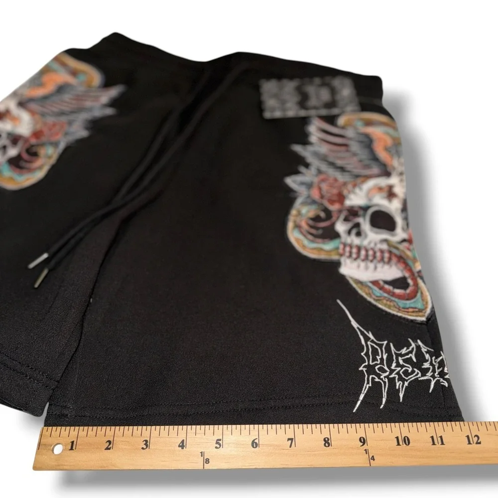 Rebel Vengeance Sweat Shorts Mens Medium Black‎ Embroidered Skull Eagle Gothic